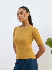 Women Khaki Rib Short Sleeves Top