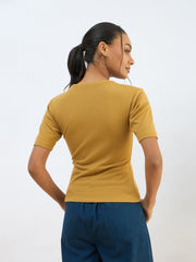 Women Khaki Rib Short Sleeves Top