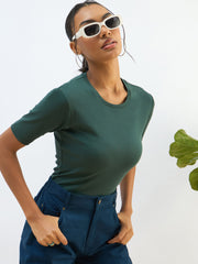 Women Green Rib Short Sleeves Top