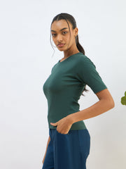 Women Green Rib Short Sleeves Top