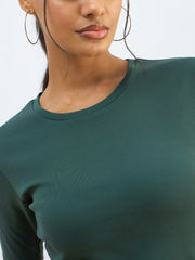 Women Green Rib Short Sleeves Top