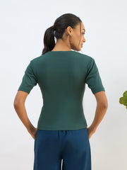 Women Green Rib Short Sleeves Top