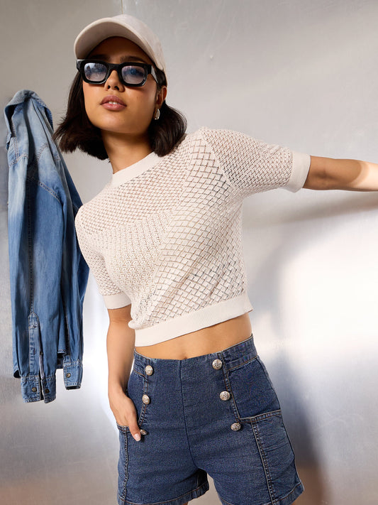 Women Off-White Crochet Round Neck Half Sleeve Top