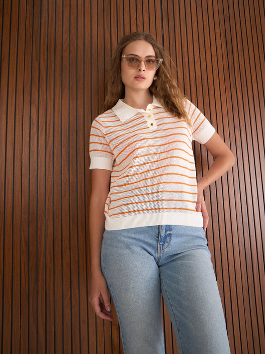 Women Orange & White Crochet Stripess Polo T-Shirt