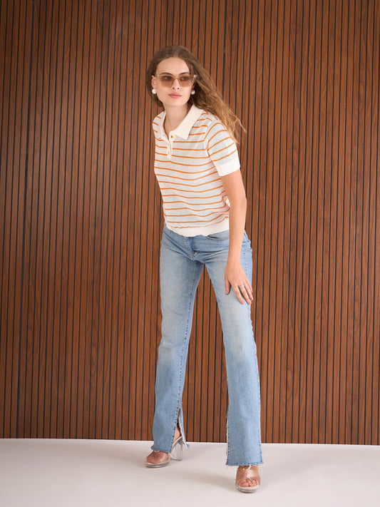 Women Orange & White Crochet Stripess Polo T-Shirt