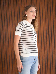 Women Black & White Crochet Stripess Polo T-Shirt