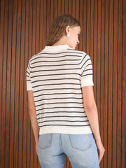 Women Black & White Crochet Stripess Polo T-Shirt