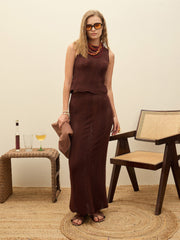 Women Dark Brown Crochet Round Neck Sleeveless Top