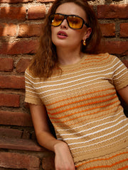 Women Dark Beige & Orange Crochet Stripes Scalloped Top