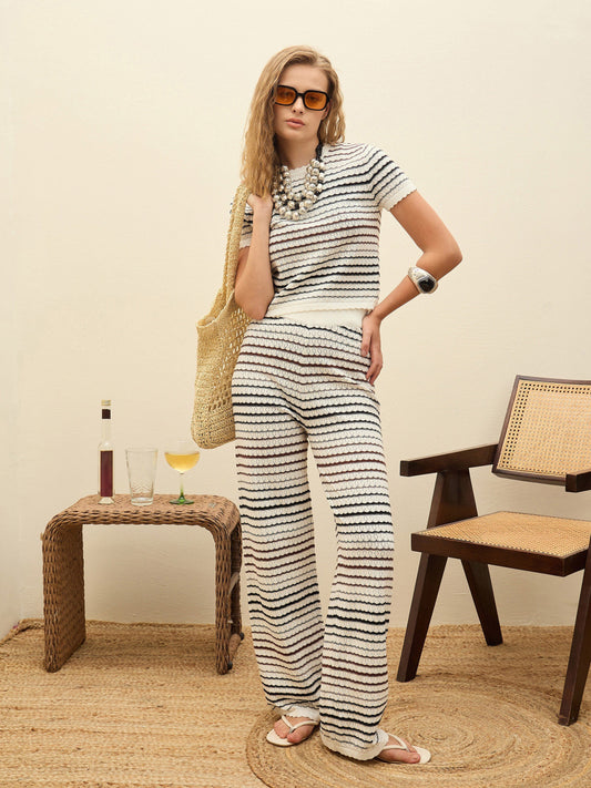 Women Off-White & Black Crochet Stripes Scalloped Top