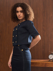 Women Navy Twill Double Breast Top