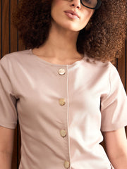Women Taupe Round Neck Button Down Top