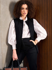 Women Black Sleeveless Bone Pocket Longline Top