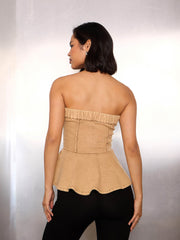 Women Beige Denim Corsage Button Down Top