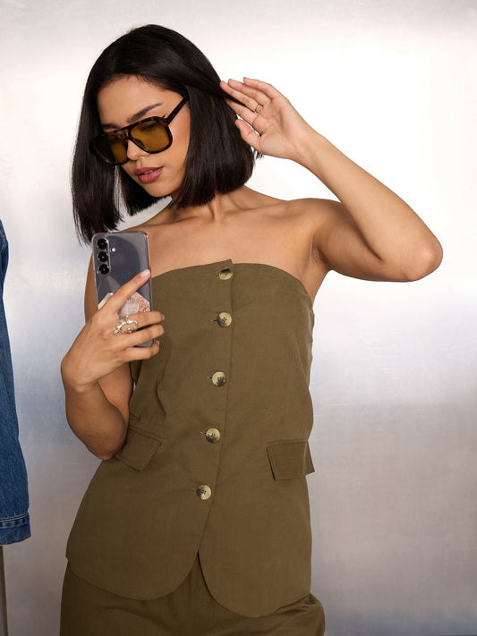 Women Olive Twill Tube Top