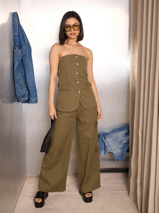 Women Olive Twill Tube Top