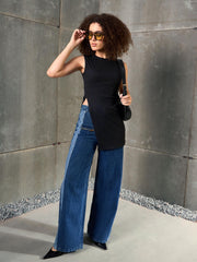 Women Black Rib Sleeveless Side Slit Top