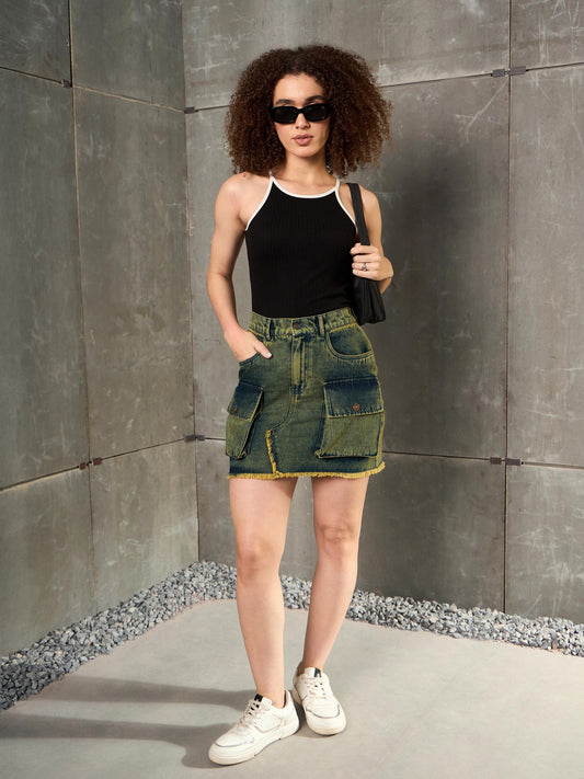 Women Black Rib Contrast Piping Strappy Top