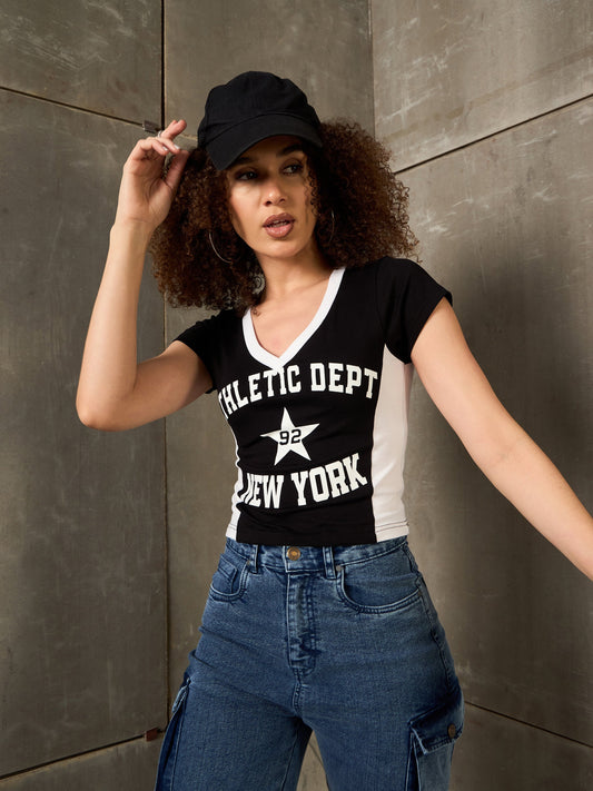 Women Black & White NEW YORK Fitted T-Shirt