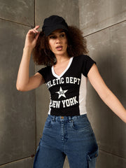 Women Black & White NEW YORK Fitted T-Shirt