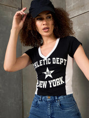 Women Black & White NEW YORK Fitted T-Shirt
