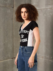Women Black & White NEW YORK Fitted T-Shirt
