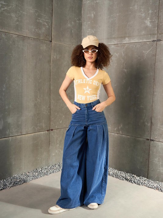 Women Beige & White NEW YORK Fitted  T-Shirt