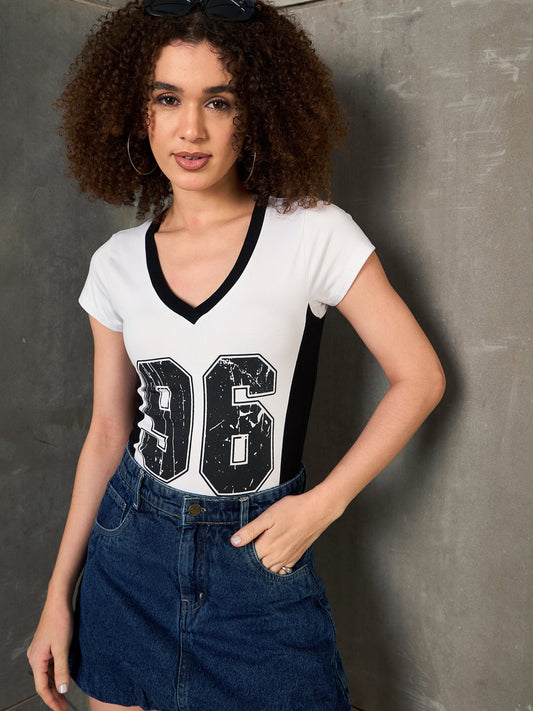 Women White & Black 96 Print Fitted T-Shirt
