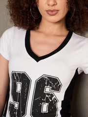 Women White & Black 96 Print Fitted T-Shirt