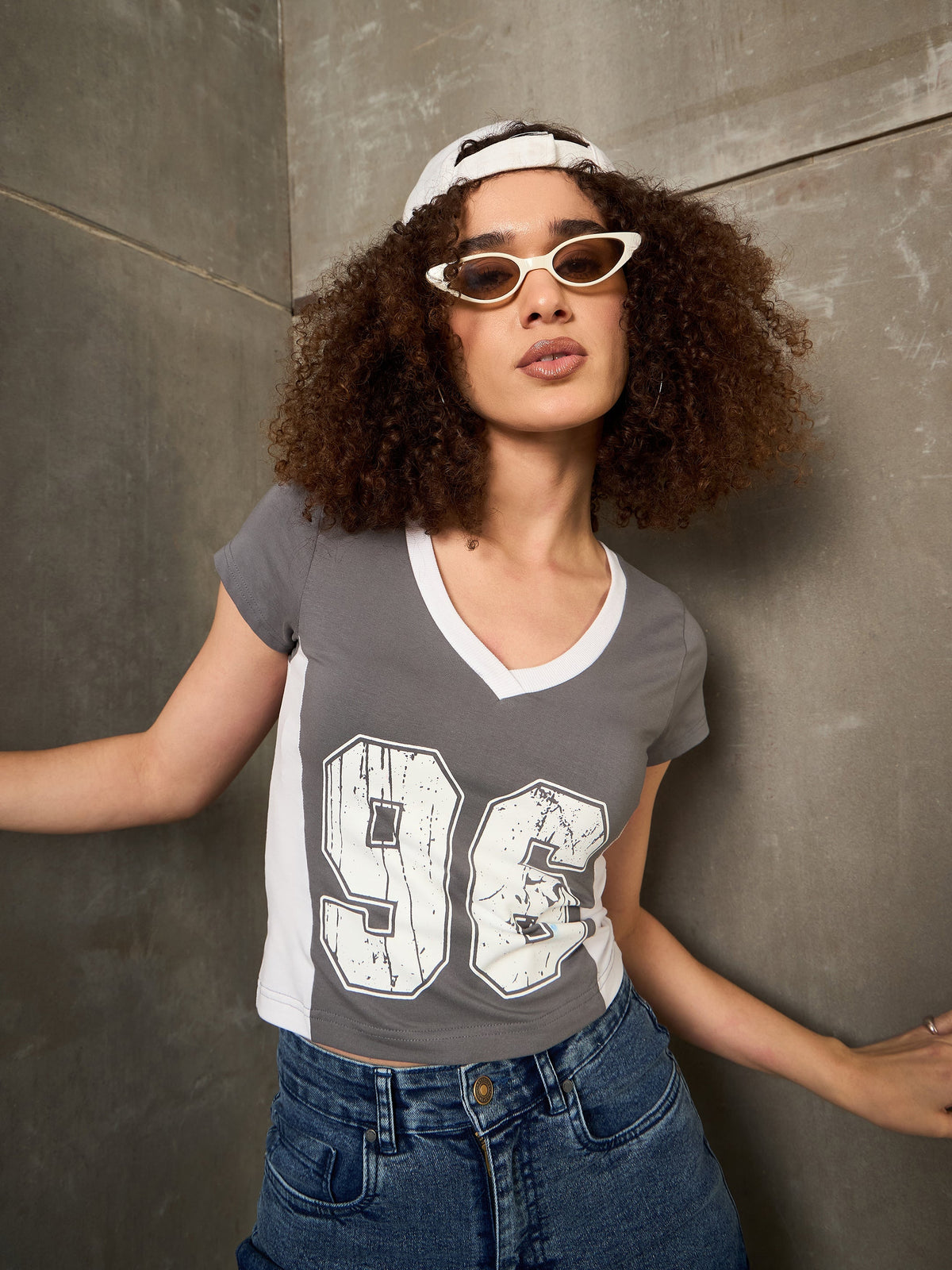 Women Grey & White 96 Print Fitted T-Shirt