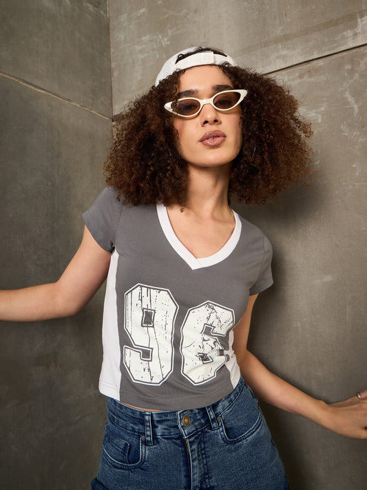 Women Grey & White 96 Print Fitted T-Shirt