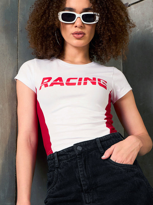 Women White & Red RACING Fitted T-Shirt