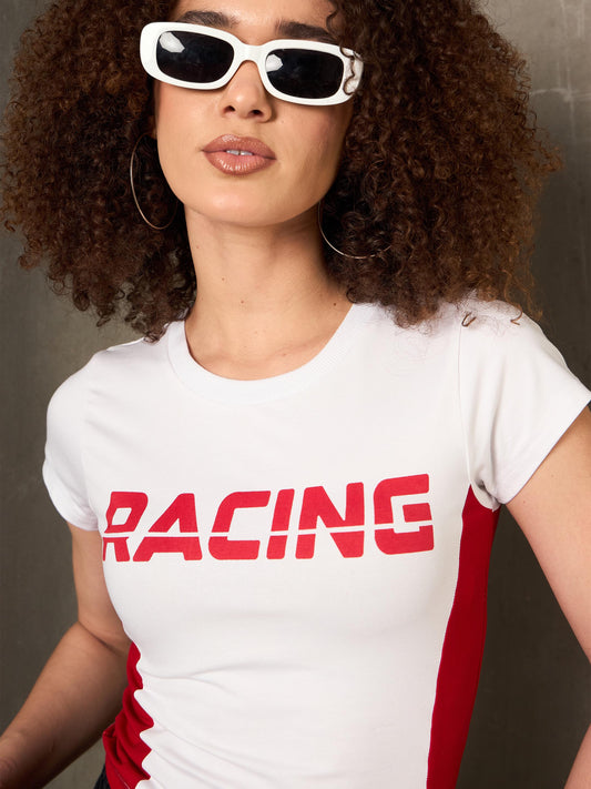 Women White & Red RACING Fitted T-Shirt