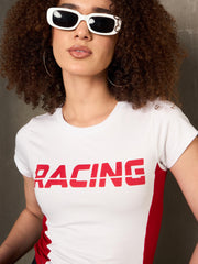 Women White & Red RACING Fitted T-Shirt