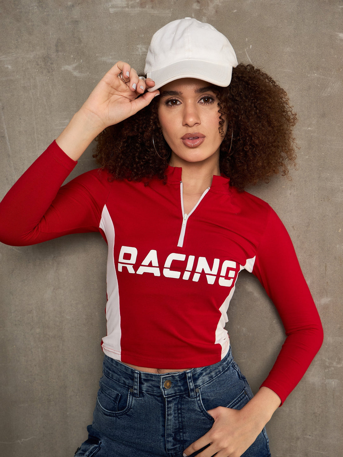 Women Red & White RACING High Neck Fitted T-Shirt