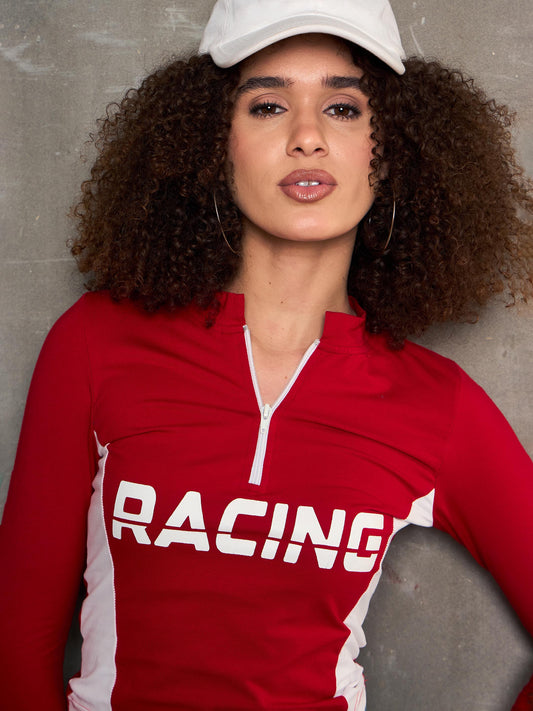 Women Red & White RACING High Neck Fitted T-Shirt