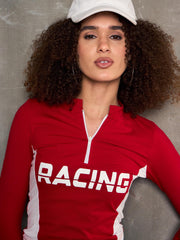 Women Red & White RACING High Neck Fitted T-Shirt