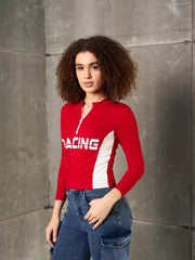 Women Red & White RACING High Neck Fitted T-Shirt