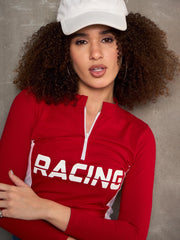 Women Red & White RACING High Neck Fitted T-Shirt