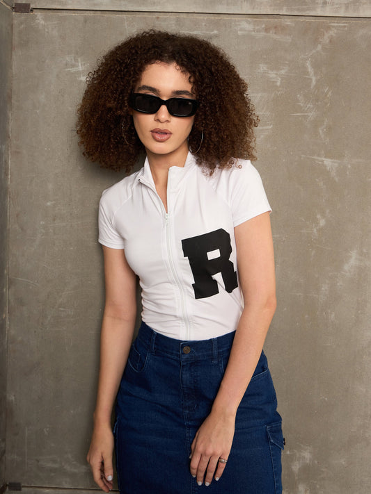 Women White Front Zipper R-Print Fitted T-Shirt