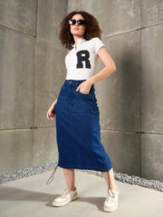 Women White Front Zipper R-Print Fitted T-Shirt
