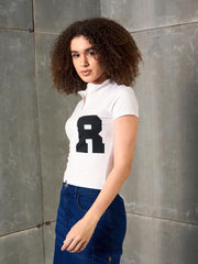 Women White Front Zipper R-Print Fitted T-Shirt