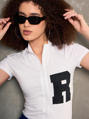 Women White Front Zipper R-Print Fitted T-Shirt