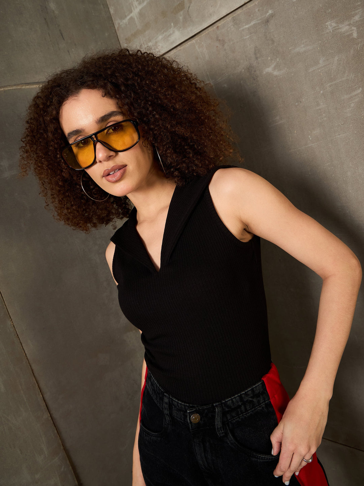 Women Black Rib V-Neck Collar Top