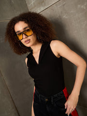 Women Black Rib V-Neck Collar Top
