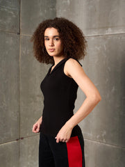 Women Black Rib V-Neck Collar Top