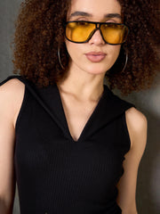Women Black Rib V-Neck Collar Top