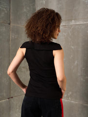 Women Black Rib V-Neck Collar Top