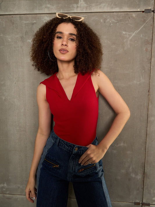 Women Red Rib V-Neck Collar Top