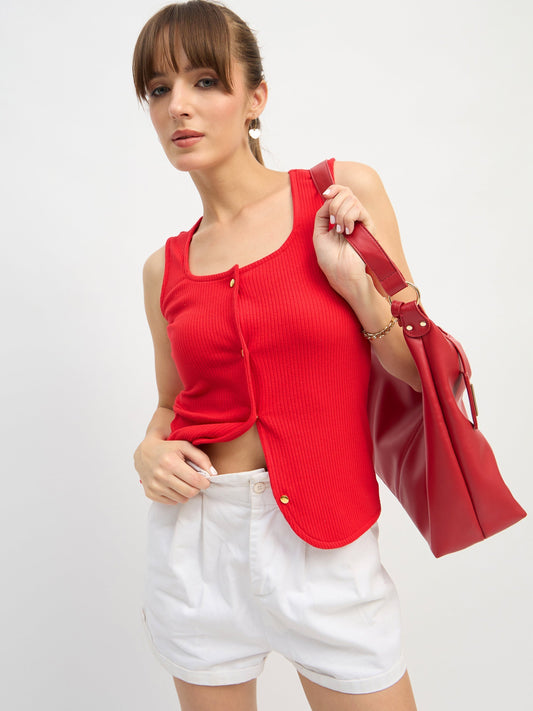 Women Red Square Neck Button Down Top